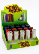 Display of aluminum cream whippers with colorful caps in a green box.