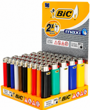A retail display box filled with BIC maxi Plus lighters in multiple colors, including red, blue, white, black, orange, yellow, green, and teal, on a white background.
