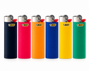 Six BIC lighter cylinders in different colors (navy, pink, orange, blue, yellow, and green) lined up side-by-side on a white background.