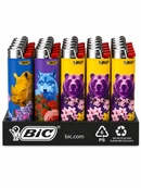 A retail display of BIC lighters on a black stand, featuring animal and floral designs including a yellow rhinoceros, blue wolf, and purple bears with pink cherry blossoms.