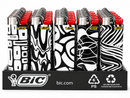 A retail display tray holding multiple BIC lighters with black-and-white abstract patterns and red tops, shown on a white background. The front of the tray shows the BIC logo and bic.