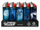 BIC lighter holders in a black tray, each decorated with a different blue-toned nature graphic (moon, wolf, bird and tree, deer, bear) and topped with red BIC caps, on a white background.