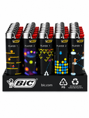 A retail display tray of BIC lighters featuring retro video game-inspired designs labeled Player 1 and Player 2. The black lighters have colorful pixel-art patterns in yellow, blue, red, green, and white, with silver metal tops and red tips.