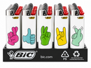 A BIC branded plastic tray holding multiple white BIC lighters with colorful hand-sign graphics on the front. The tray is black with BIC branding and recycling icons, photographed on a white background.