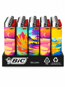 A retail display of six BIC lighteres with vibrant, colorful retro landscape illustrations on their bodies, set in a black plastic stand with BIC branding.
