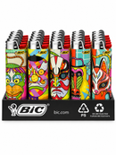 A set of BIC disposable lighters with colorful, vibrant graphic designs featuring stylized faces, displayed in a black plastic retail tray on a white background.