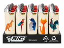 A retail display of BIC lighters in a black plastic tray. The lighters have beige bodies with colorful geometric animal illustrations (a kangaroo, a parrot, a fox, and a rooster) and silver metal tops with red flip-flop caps.