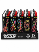 A retail display of BIC lighters on a black stand, featuring neon-style guitar and violin illustrations in pink, yellow, blue, and green on a black background.