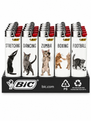 A retail display of BIC lighters featuring humorous cat-themed designs. The five white lighters on the front are labeled 'STRETCHING', 'DANCING', 'ZUMBA', 'BOXING', and 'FOOTBALL' with corresponding black-and-white, gray-and-white, orange-and-white, black-and-white, and gray-and-white cat illustrations.