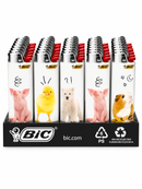 A retail display of BIC lighters featuring animal illustrations on the white bodies, with red tips and a black base displaying the BIC logo and recycling information.