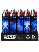 A display of BIC lighters on a black branded stand. The lighters feature dark blue backgrounds with glowing blue abstract graphics: an X-shaped heart, a human head silhouette with a heart in the brain, a fingerprint pattern, and a globe.
