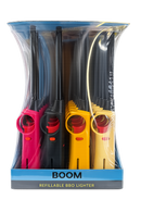 A retail pack of four BOOM brand refillable BBQ lighters in pink, black, yellow, and beige, packaged in a clear plastic bag with a blue and gray cardboard base.