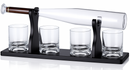 Glass bottle with a black carrying handle and four glasses on a black stand.