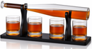 Whiskey decanter set with four glasses on a black tray