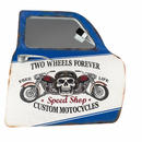 Decorative sign with motorcycle design and text on a white background