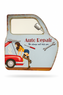 Decorative sign shaped like a car with an illustration of a woman and tools, featuring the text 'Auto Repair'.