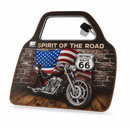 Decorative metal sign with a motorcycle, American flag, and 'Historic Route 66' on a wooden background.