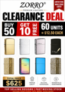 ZORRO Premium Lighters Bulk Deal – Buy 50 Get 10 FREE (60 Units Total) – $12.50 Each