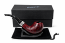 Red smoking pipe with silver accent on a black stand, next to an 'ENUFF' branded box.