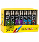 Display box of Clipper jet flame lighters with cartoon character designs on a white background
