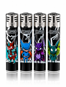 Four Clipper lighters with colorful character designs on a white background