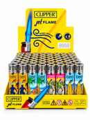 Display of Clipper jet flame lighters with colorful packaging on a white background
