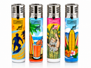 Four Clipper lighters with colorful designs on a white background