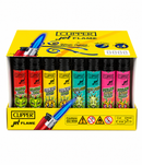 Box of Clipper jet flame lighters with colorful designs on a white background