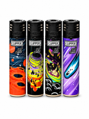 Four colorful Clipper lighters with various designs on a white background