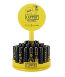 Display of Clipper reusable lighters with a yellow stand on a gray background