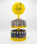Display of Clipper lighters with a yellow circular sign on a white background