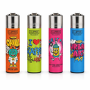 Four colorful Clipper lighters with cartoon designs on a white background