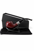 Red smoking pipe with silver accent in a black case on a white background
