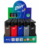 A retail display box filled with ENHUFF Billy lighter matches, showing multiple color options including brown, red, blue, gray, and black. The display stand features a green and blue front panel with the ENHUFF and Billy branding.