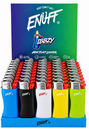 A retail display tray filled with ENUFF mini flint lighters in multiple color options, with a large branded backing card behind them. Visible lighters include blue, black, white, yellow, and lime green, and the display includes red accents on the lighter tops.