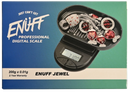 Enuff digital scale with jewelry on a blue and green gradient background