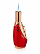 A red and rose gold portable torch lighter with a blue flame ignited, featuring the JOABON brand name on the side, set against a plain white background.