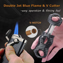 Double jet blue flame lighter and V cutter held by hands with product details on a dark background.