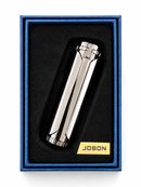 A polished silver metal lighter presented inside an open blue gift box with a black insert and a small yellow JOBON label, photographed on a white background.