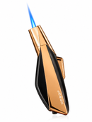 A luxury torch lighter with a metallic rose gold body and a black textured accent panel, shown with a blue flame ignited. The brand name 'JUBOON' is printed vertically on the side.
