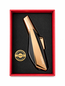 A Jobon electric lighter in a sleek, angular design with a metallic rose gold finish and a black center, presented inside its red gift box with a black interior and a gold Jobon seal.