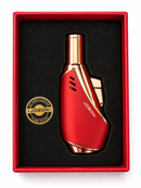 A red and gold portable fire starter/lighter presented in a red gift box with black foam insert. The lighter has the brand name 'JOBON' printed on it, and a gold circular badge on the left reads 'JOBON PORTABLE LIGHTER' and 'HIGH VOLUME'.