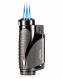 A metallic silver and black torch lighter with three blue flames ignited, featuring the brand name 'NOBOF' printed vertically on its side, set against a plain white background.