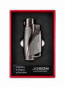 A Jobon Smoking Set lighter in a metallic dark gray finish, presented inside its red and black retail box with text highlighting its safety, vogue, and durability.