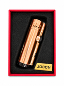 A metallic rose gold JOBON lighter presented inside a red gift box with black foam insert and a yellow JOBON label, on a white background.