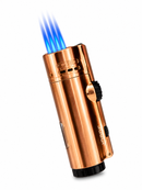 A metallic copper torch lighter with three blue flames ignited, shown on a clean white background. The lighter features a brushed copper body with black accents on the button, base, and top cap, and the brand name 'JUBOY' is visible on the side.