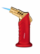 A red and gold torch lighter with a blue flame ignited, shown on a solid white background. The brand name 'JOBON' is printed vertically on the side of the red body.