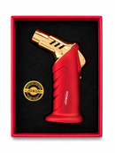 A red and gold portable torch lighter by JOBON, presented inside a red gift box with a black interior. A gold circular brand seal is visible on the left side of the box.