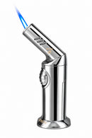 A silver metallic torch lighter with a blue flame ignited at the tip, shown on a plain white background.