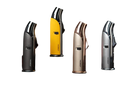 A collection of four Jobon single jet lighters with cigar punchers in various colors including black, yellow, gold, and silver.